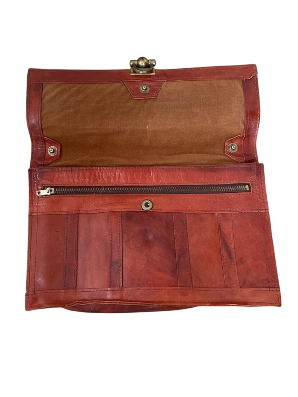 Vintage Leather Clutch Brown Brass Clasp Foldover Bag - Picture 11 of 16